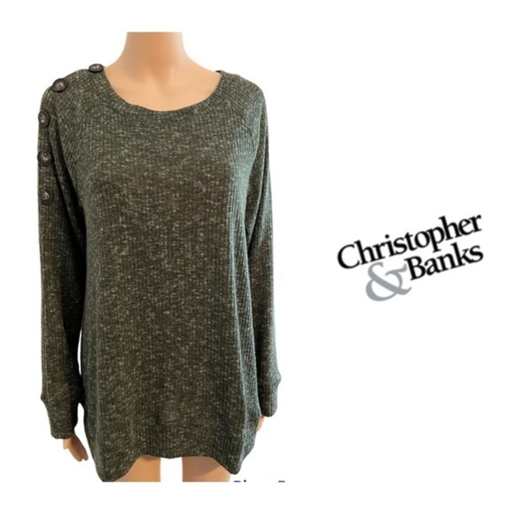 Christopher & Banks Women’s Olive Green Large Buttoned Sleeve Crew Neck Sweater
